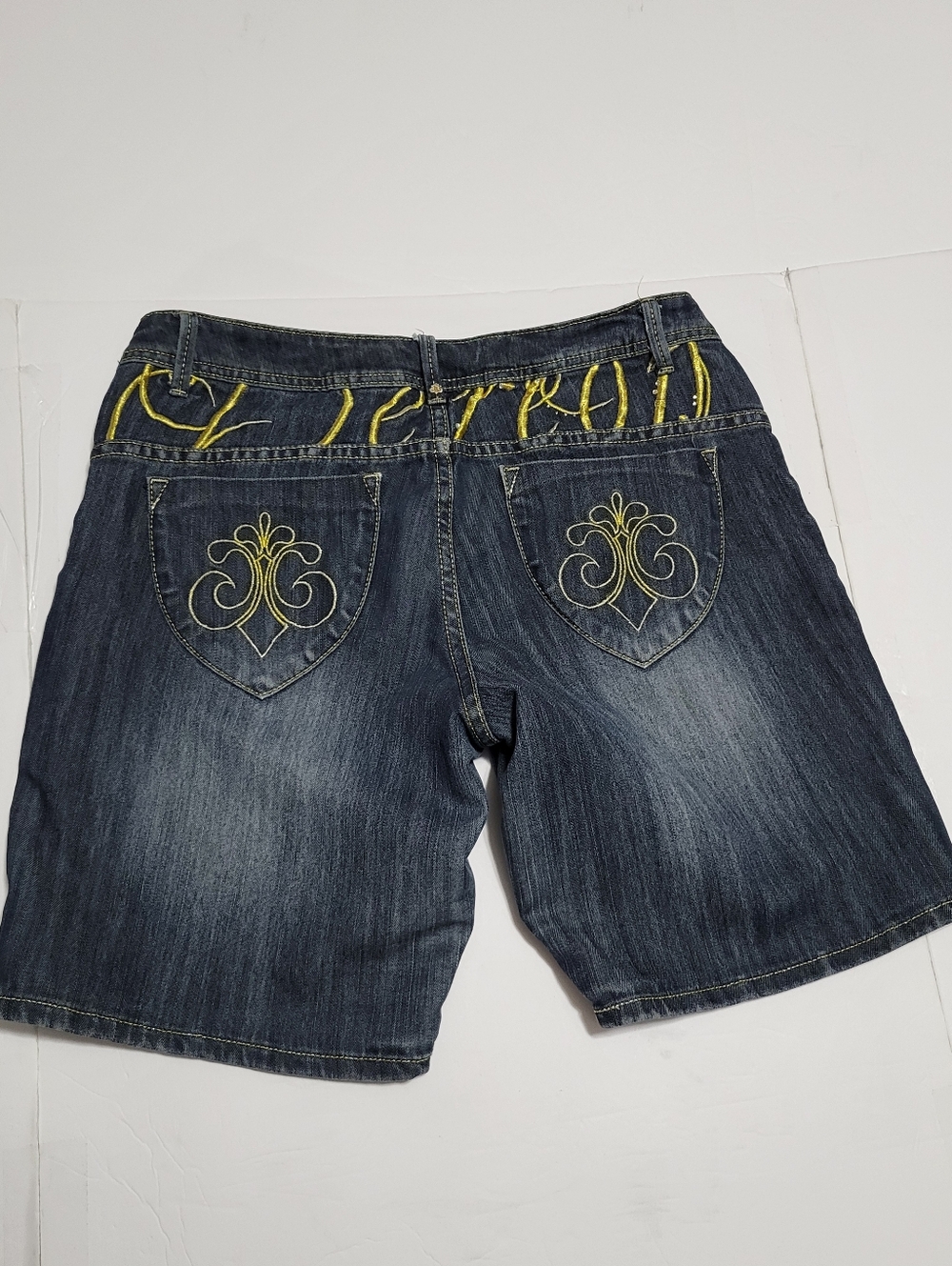 Dereon Dark Wash Denim Shorts with Yellow Embroidery